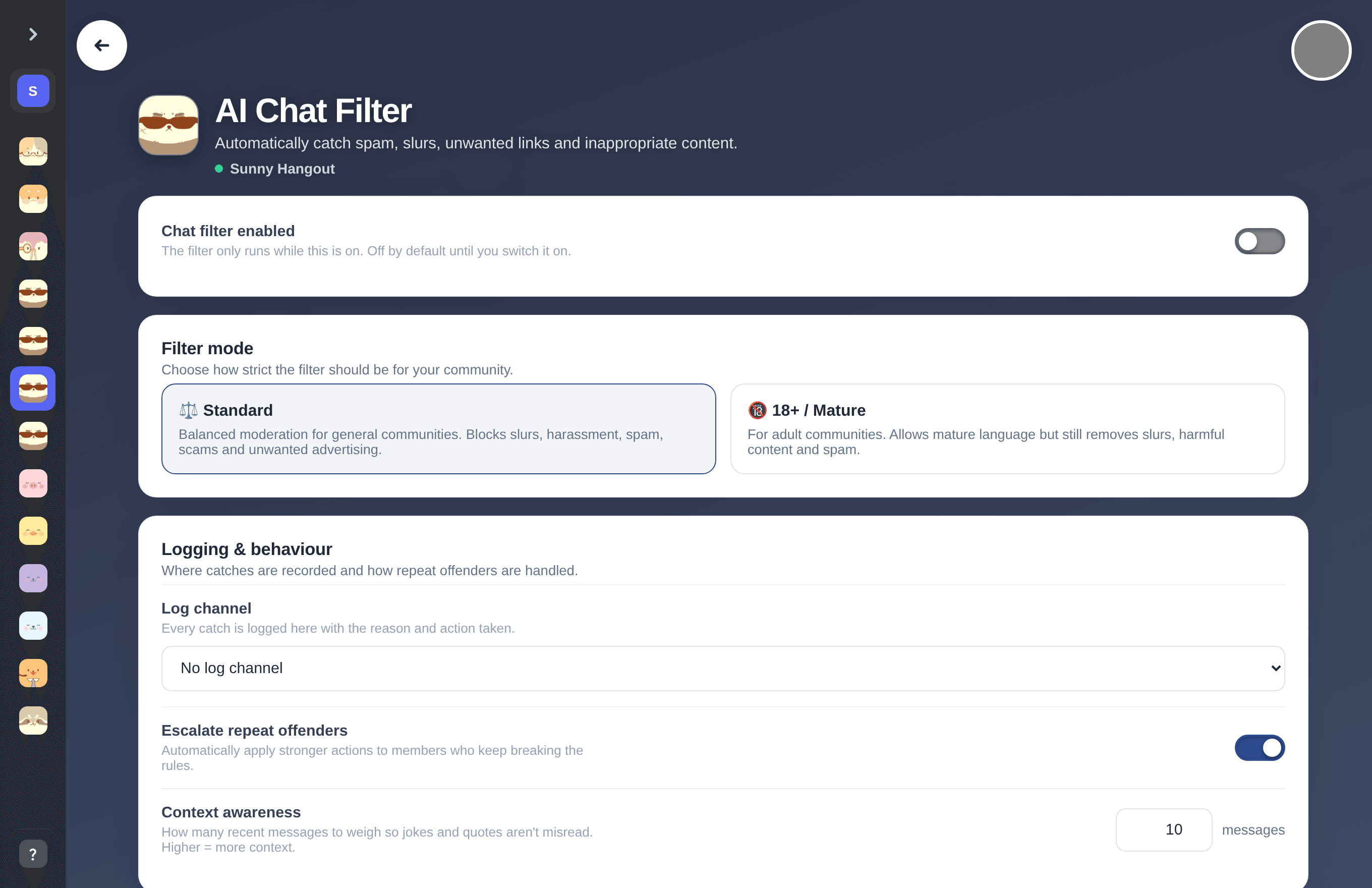 AI Chat Filter settings in the mimBo portal