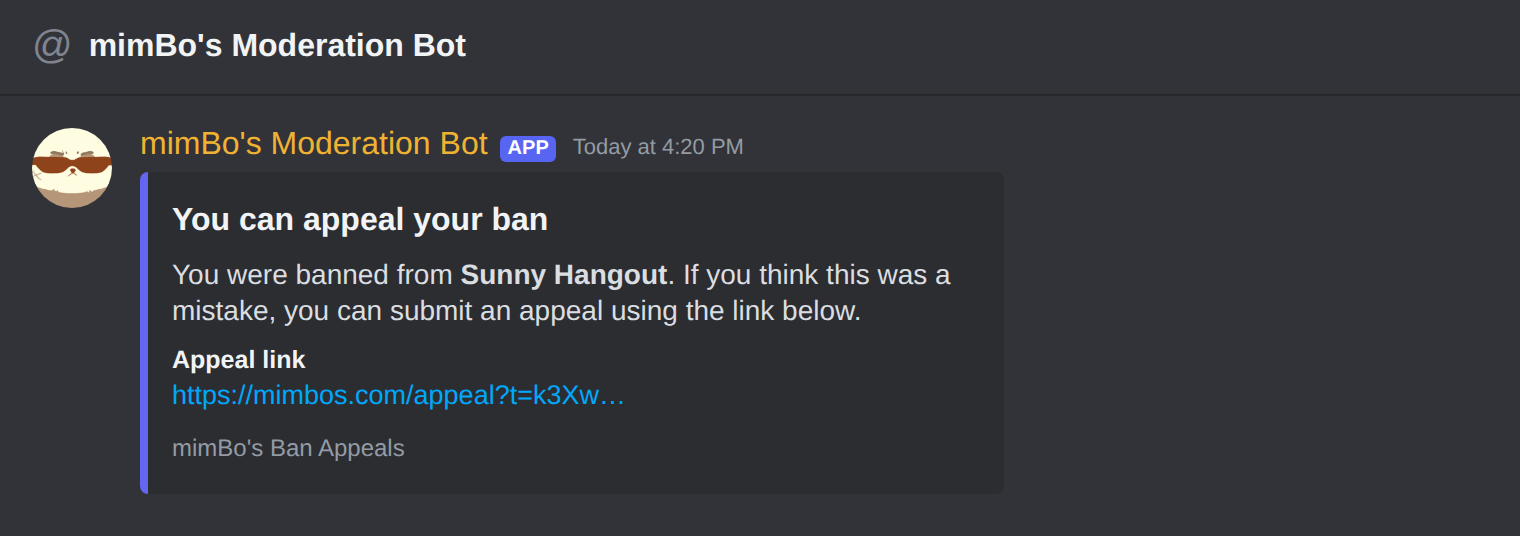 The ban appeal DM a member receives