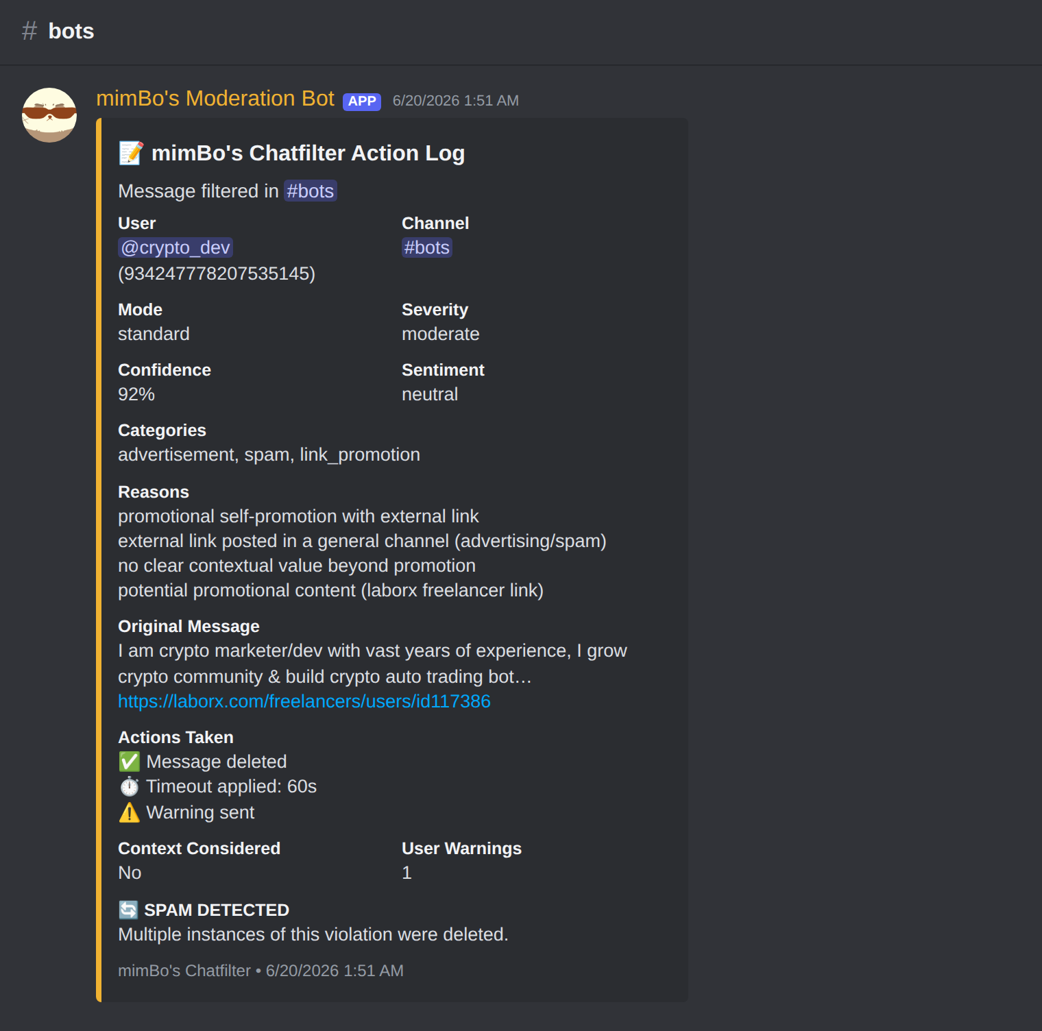 AI chat filter warning for a scam message in Discord