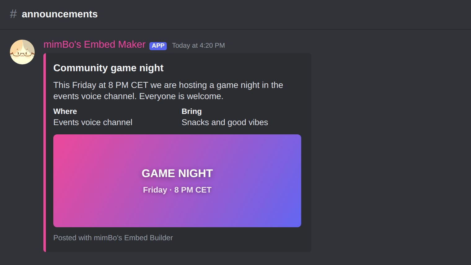 A rich embed posted to a Discord channel