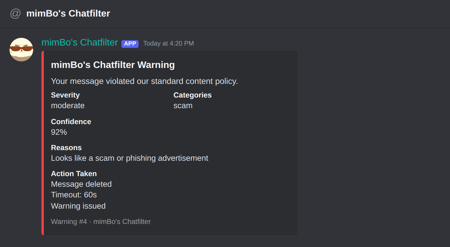 The chat filter warning DM