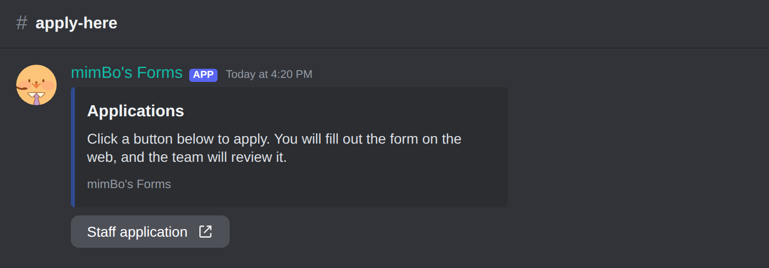 An application panel in Discord