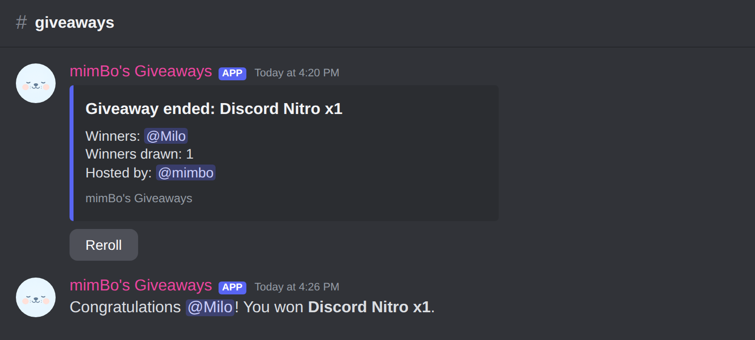 A finished giveaway announcing winners