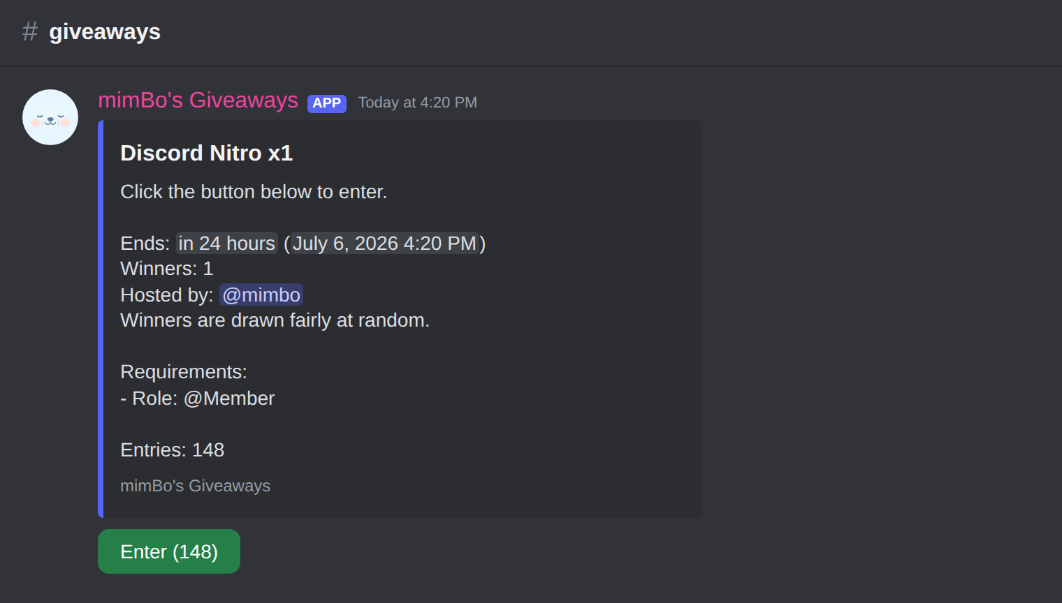 A running giveaway with entry button in Discord