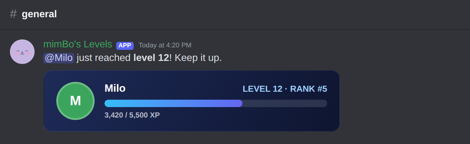A level-up announcement in Discord