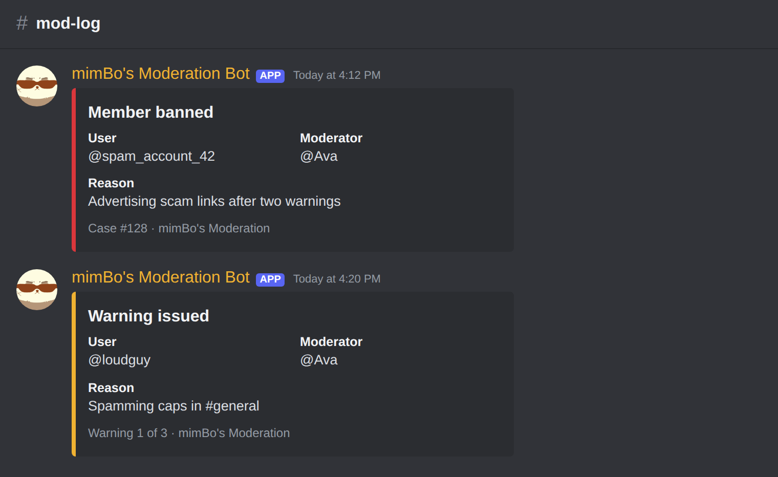 Moderation log entries in Discord