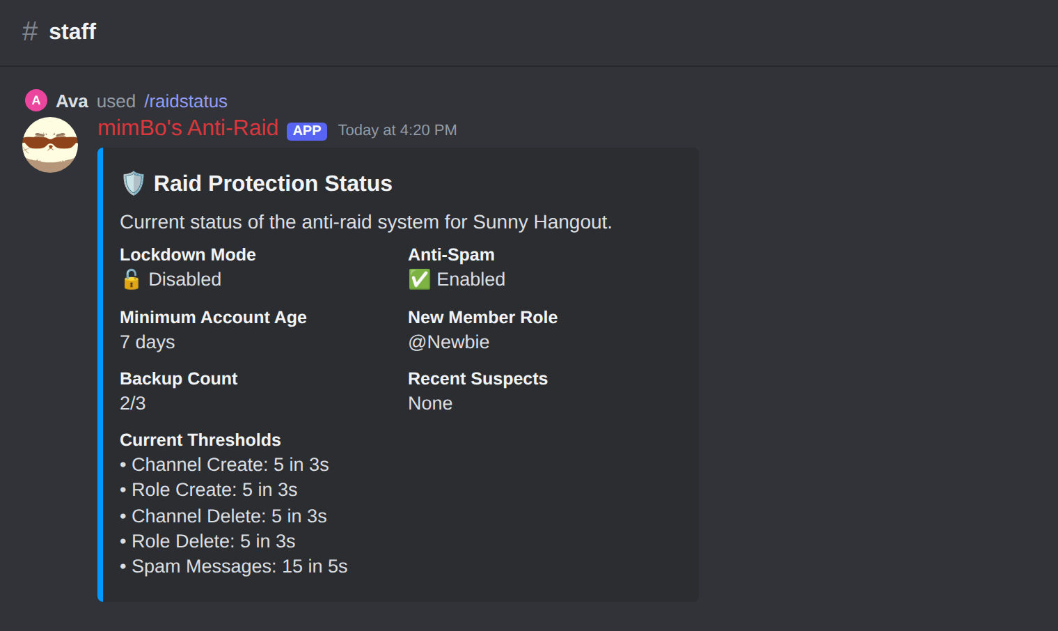 The /raidstatus panel in Discord