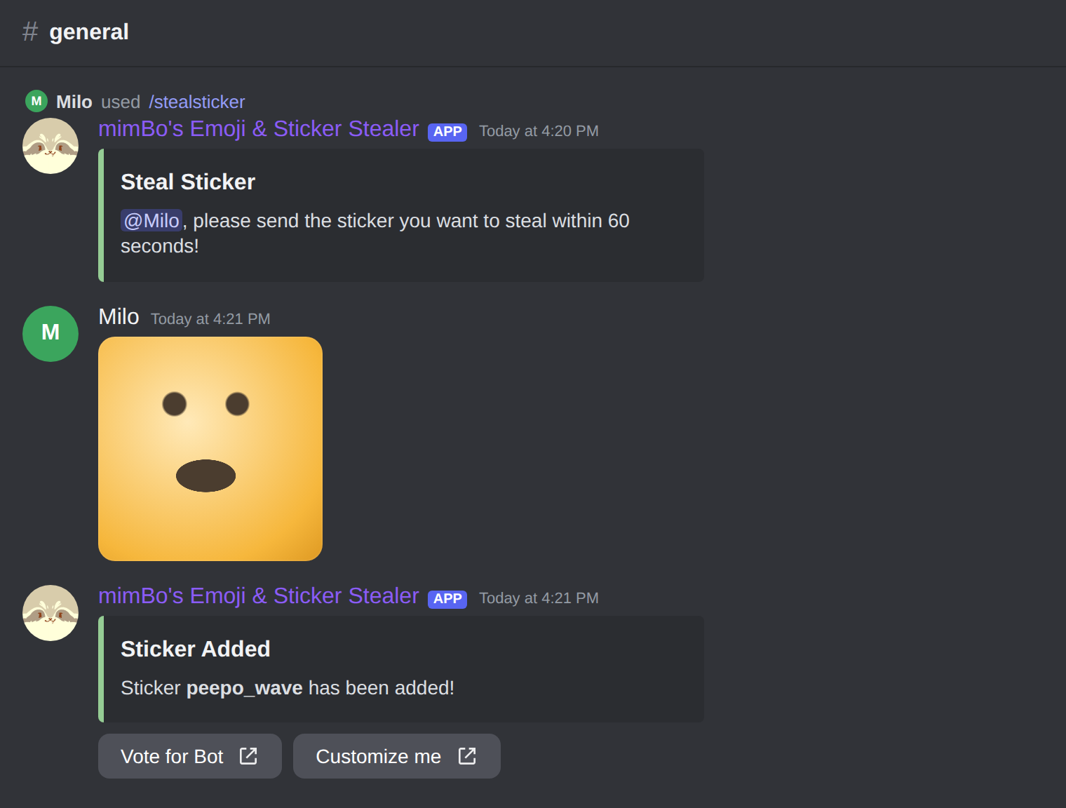 Stealing a sticker in Discord with /stealsticker