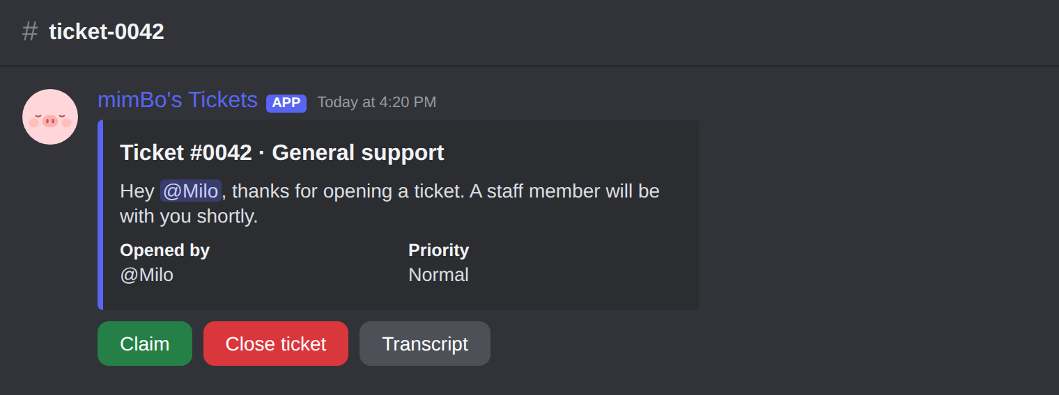 An open support ticket channel with Close Ticket and Priority buttons