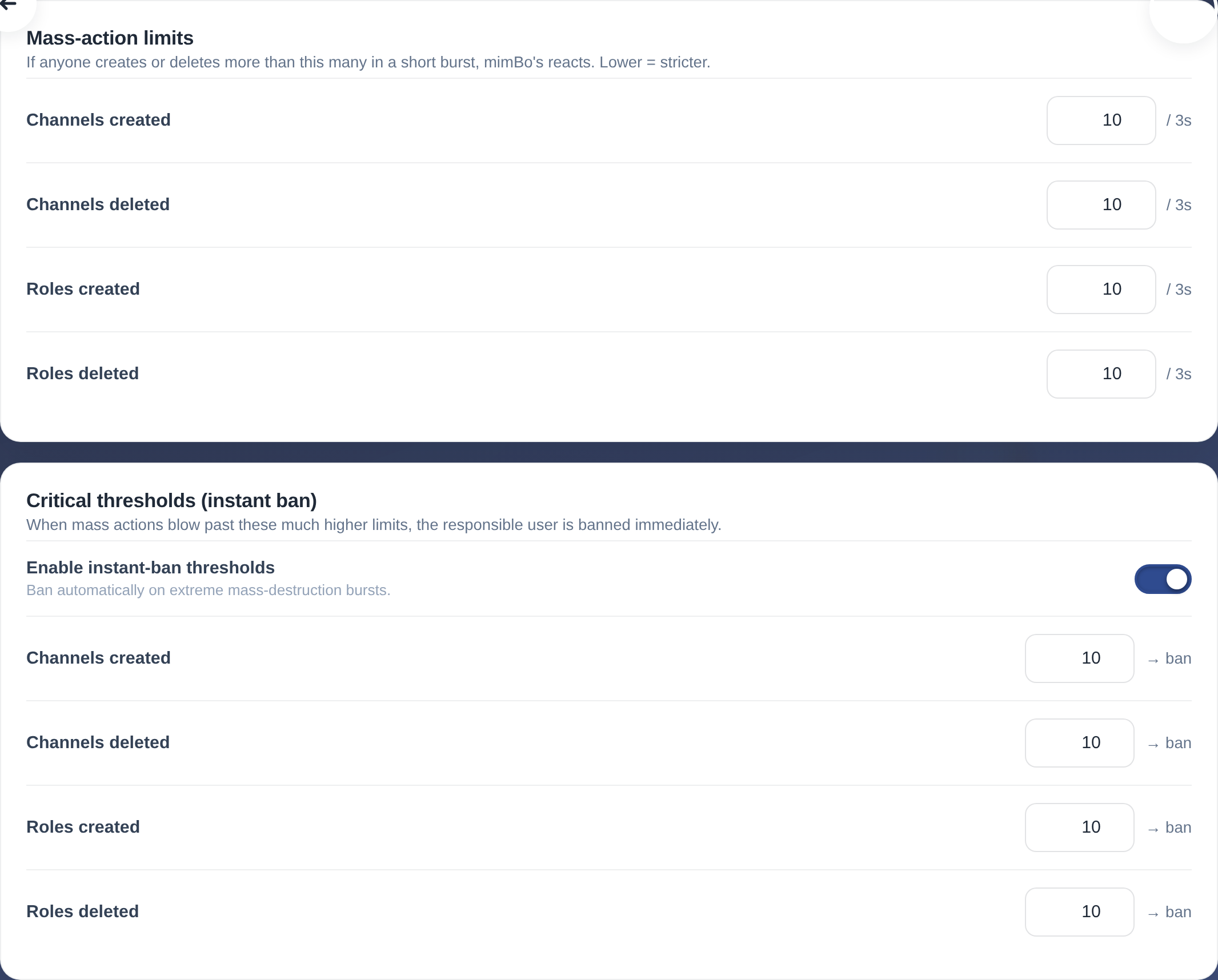 Anti-raid Mass actions settings