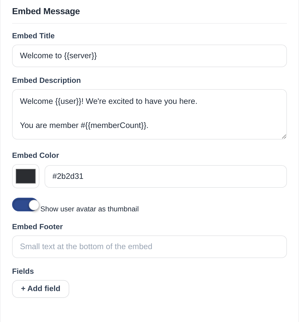Welcome embed settings in the mimBo portal