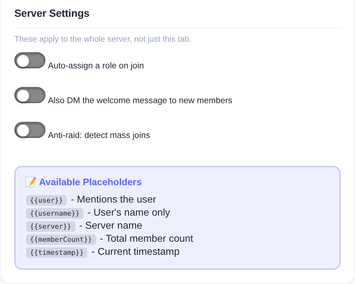 Server-wide welcome settings and placeholders in the mimBo portal